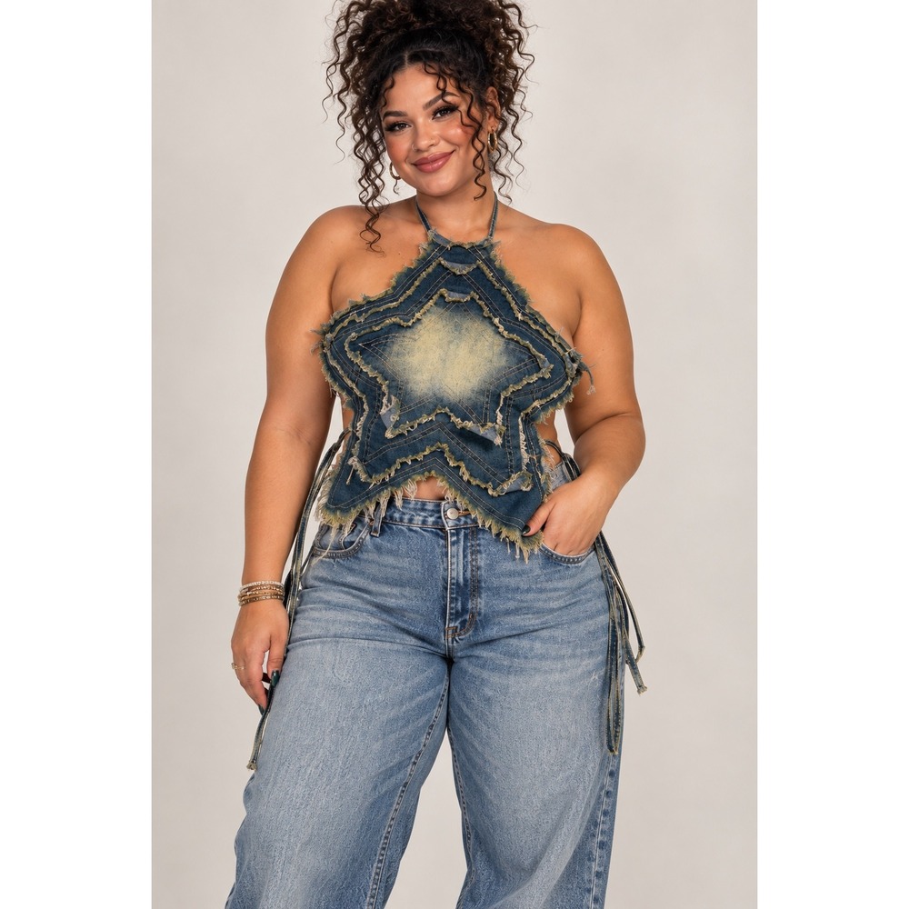 Romwe Denim Star Halter Top Frayed Distressed Y2K Backless Crop Top XL New